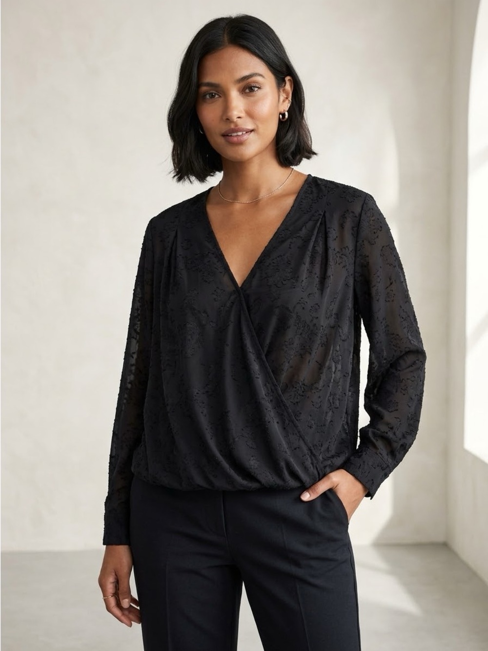Marc New York Black Semi-Sheer Floral Embroidered Long Sleeve Wrap Blouse XL